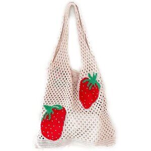 Crochet Tote Bag Strawberry Pattern Beach Bag Summer Shoulder Handbag